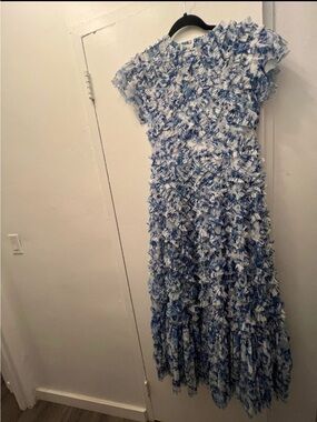 Mac Duggal Blue and White Ruffled Maxi Dress